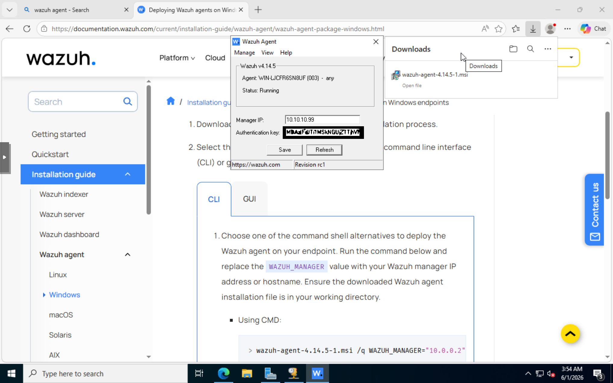 Wazuh agent running on the domain controller; authentication key redacted in the screenshot.