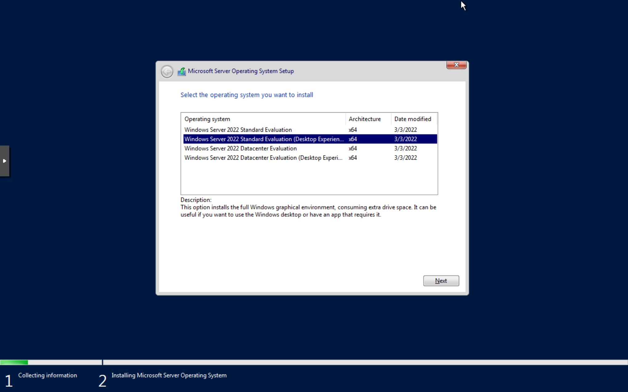 Windows Server 2022 Standard Evaluation with Desktop Experience selected.